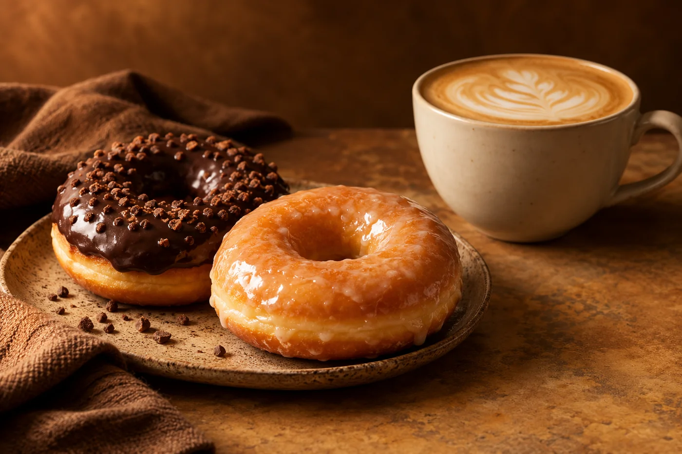 Donuts and a cup of coffee in a warm setting